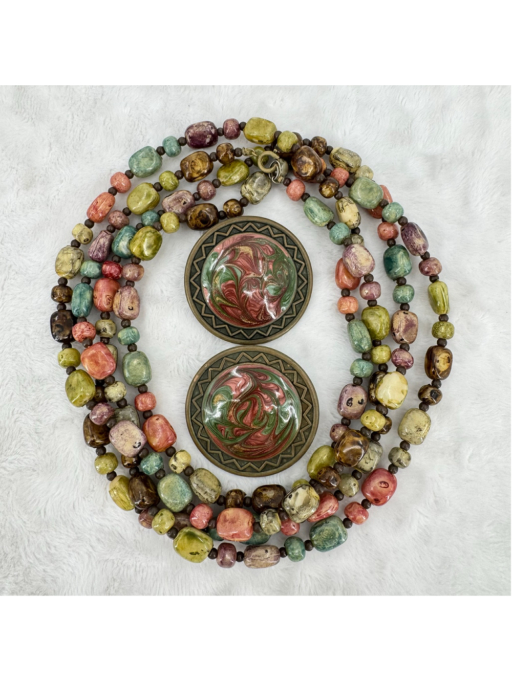 Beaded Necklace and Earrings Set Double Wrap Jewel Tones Autumn Vintage Colorful